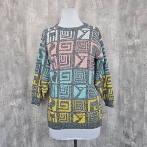 Vintage 80s 90s Jolie Womens M Grey Pastel Geo‎ Pattern Long Line Knit Sweater